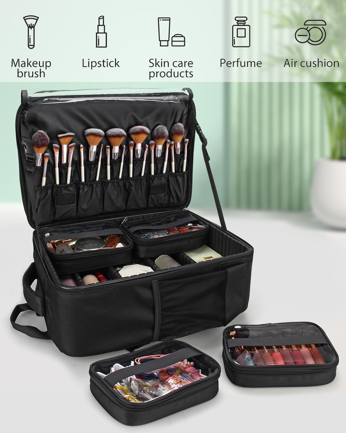 Professional Extra Large 3 Layer Makeup Backpack with 4 Small Cosmetic Bag Black with Clear Brush Case