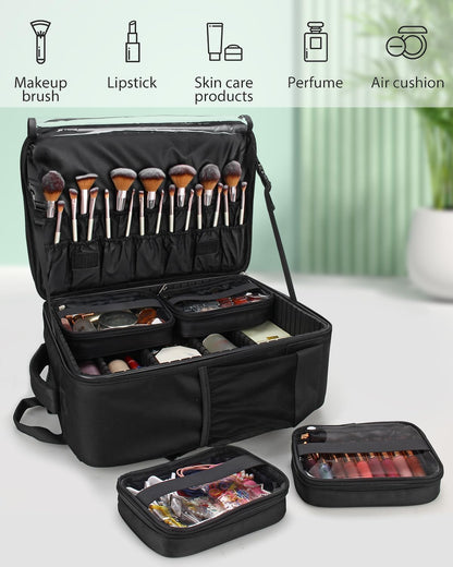 Professional Extra Large 3 Layer Makeup Backpack with 4 Small Cosmetic Bag