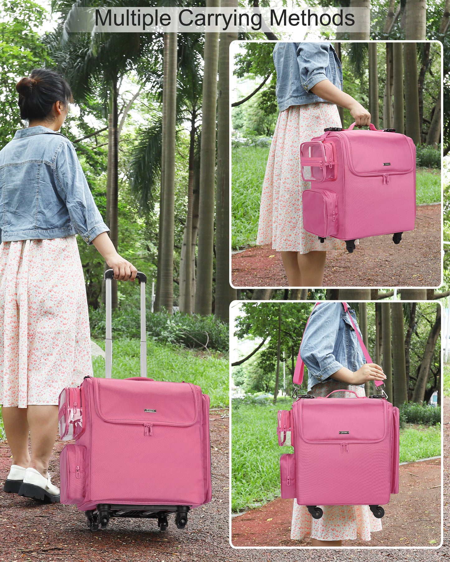 Rolling Hairstylist Makeup Train Case with 4 Wheels, Rose Pink