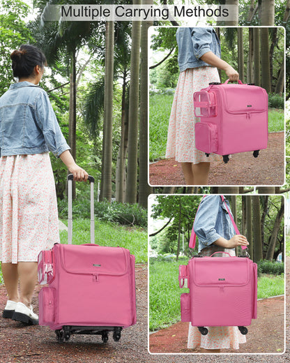 Rolling Hairstylist Makeup Train Case with 4 Wheels, Rose Pink