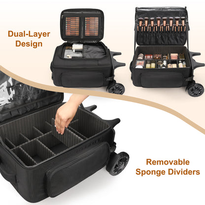 Rolling Extra Large Professional Trolley Makeup Backpack With 4 Small Bags, Detachable Trolley And Large Wheels
