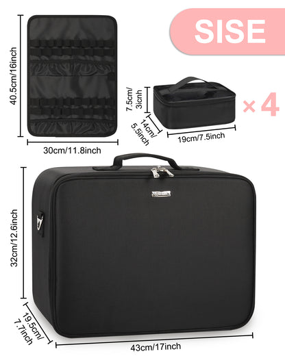 Extra Large Makeup Case with 4 Clear Bags and Lipstick Plate