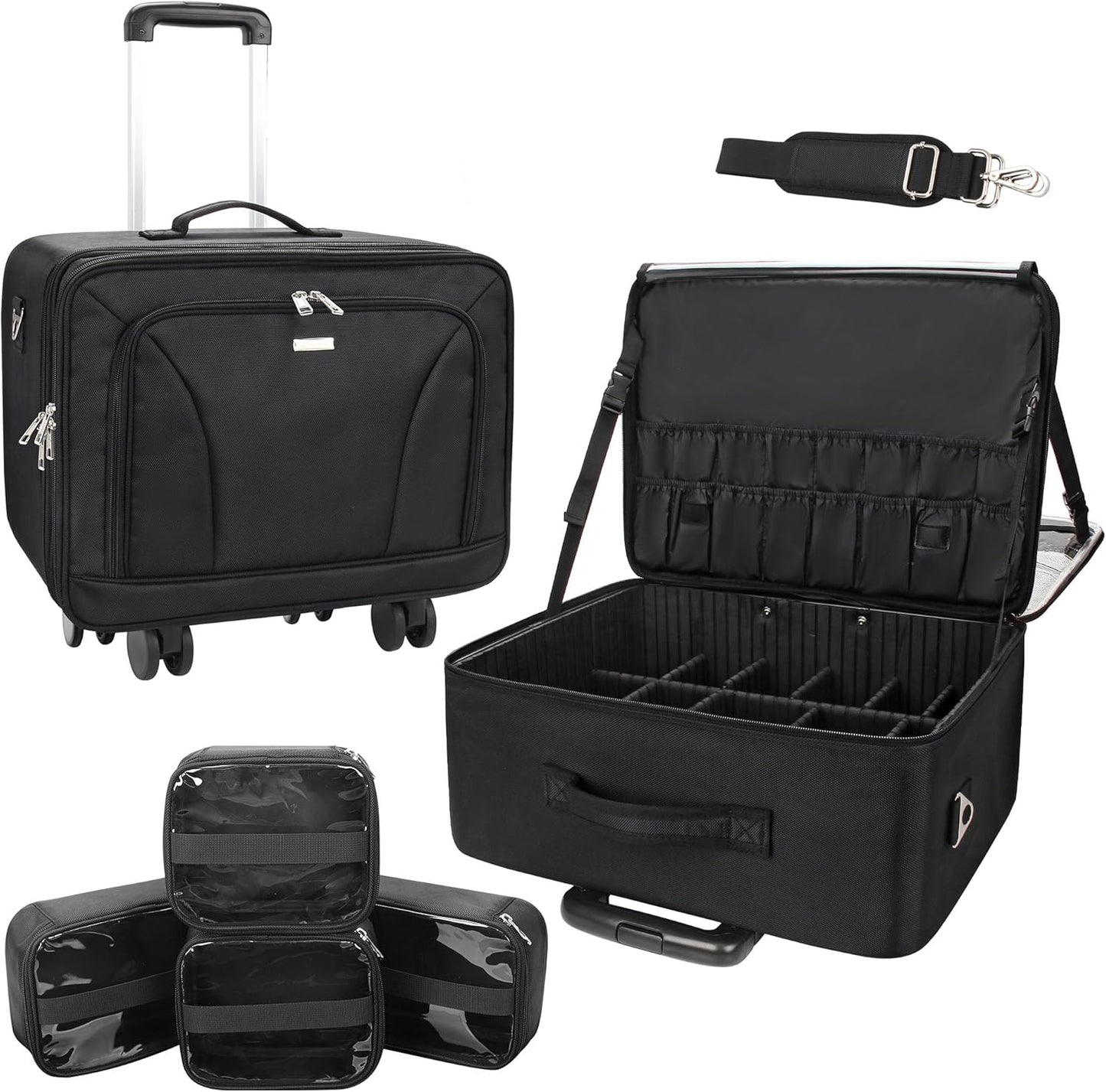 Rolling Extra Large 3-Layer Makeup Train Case With 4 360° Spinner Wheels, Adjustable Dividers