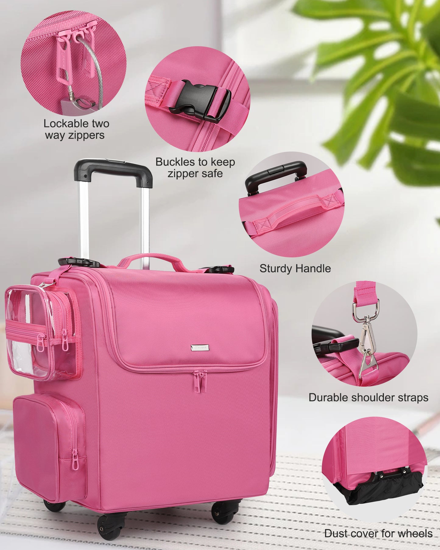 Rolling Hairstylist Makeup Train Case with 4 Wheels, Rose Pink