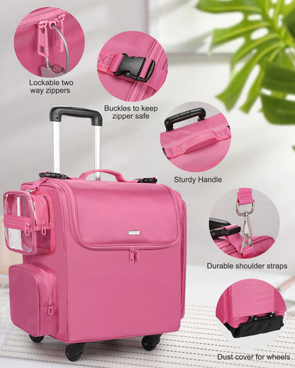 Rolling Hairstylist Makeup Train Case with 4 Wheels, Rose Pink