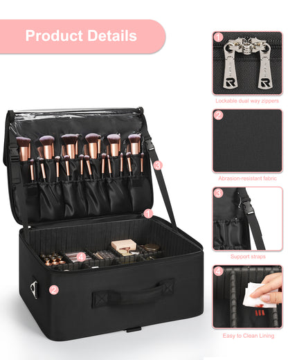 Extra Large Makeup Case with 4 Clear Bags and Lipstick Plate