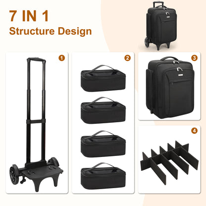 Rolling Extra Large Professional Trolley Makeup Backpack With 4 Small Bags, Detachable Trolley And Large Wheels