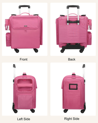 Rolling Hairstylist Makeup Train Case with 4 Wheels, Rose Pink