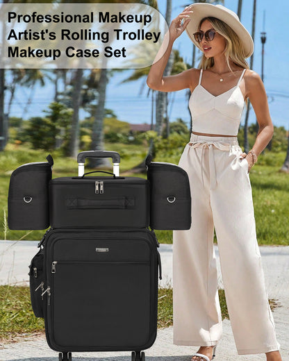 New Extra Large 4 in 1 Rolling Makeup Case With 4 Clear bags and 4 Removable 360° Spinner Wheels, Adjustable Dividers