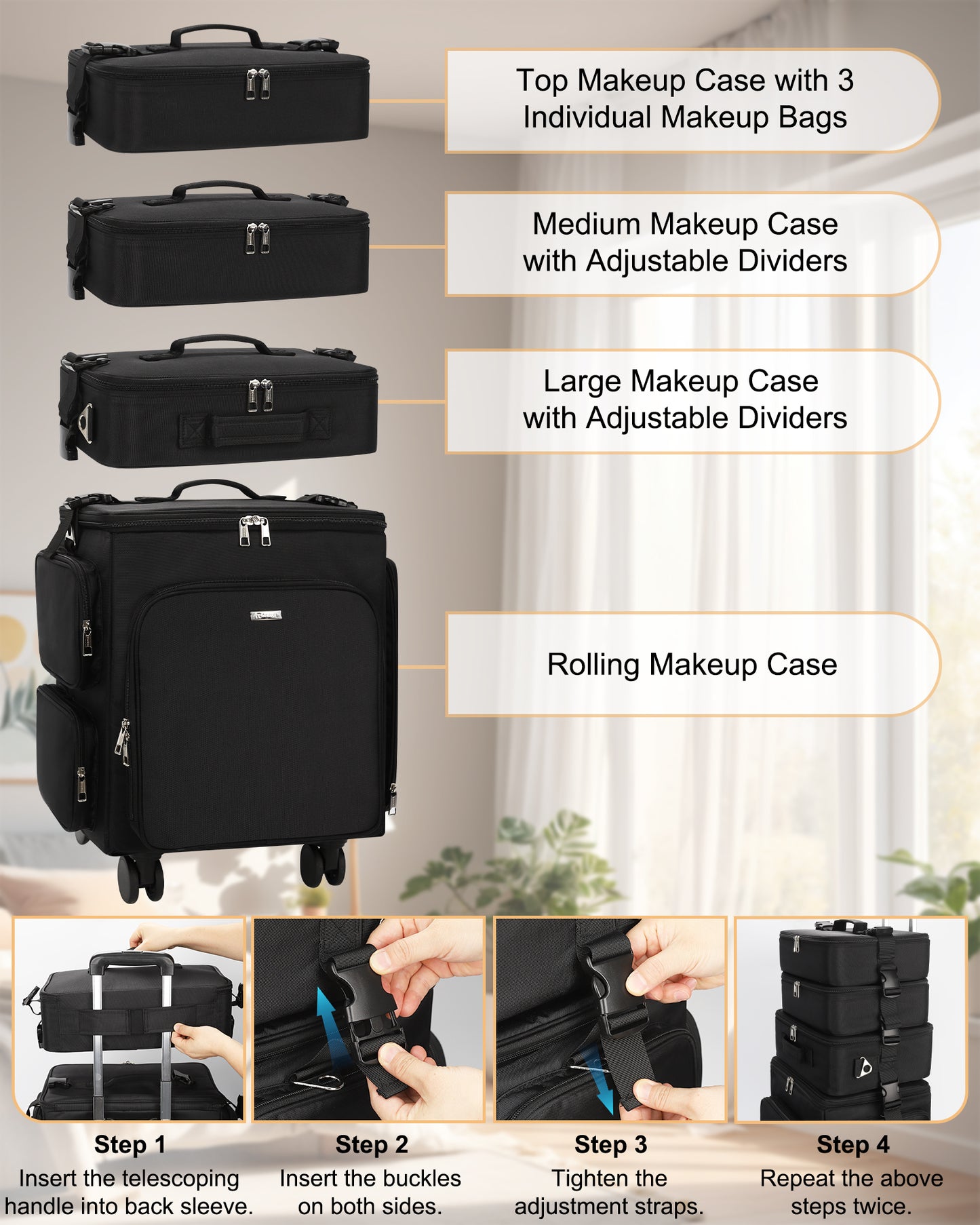Relavel Rolling 4 in 1 Makeup Case With 4 Removable 360° Spinner Wheels, Adjustable Dividers