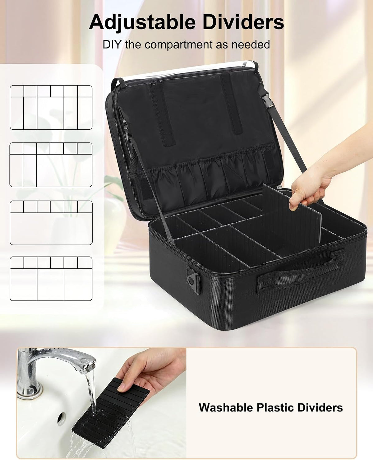 Black Extra Large Makeup Case with Plastic Dividers