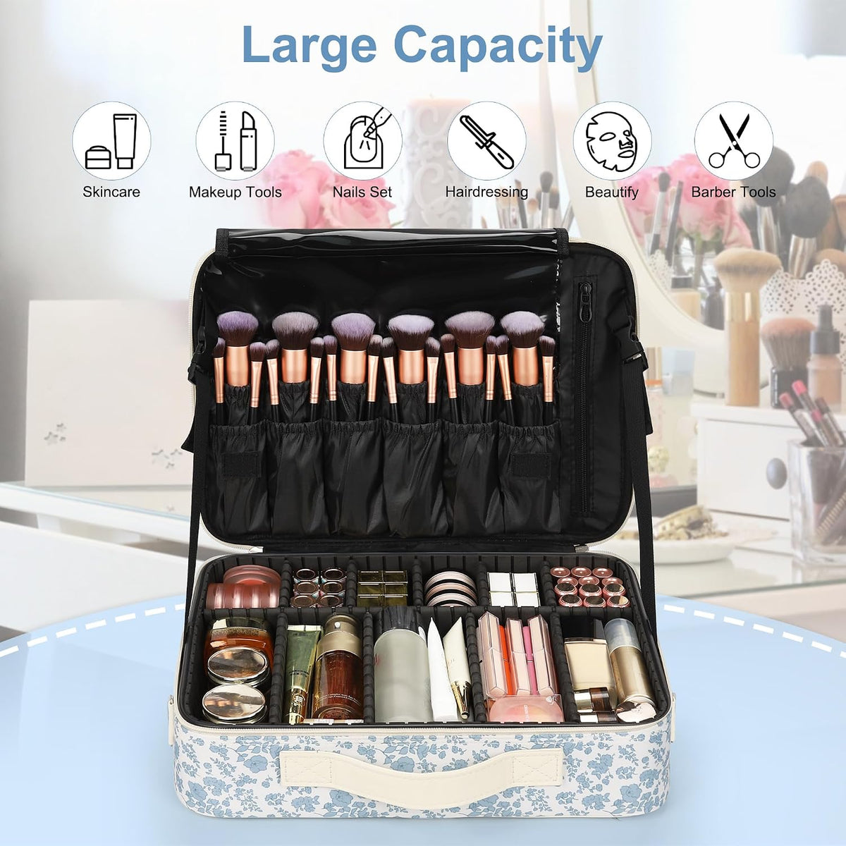 Floral Print Large Makeup Case