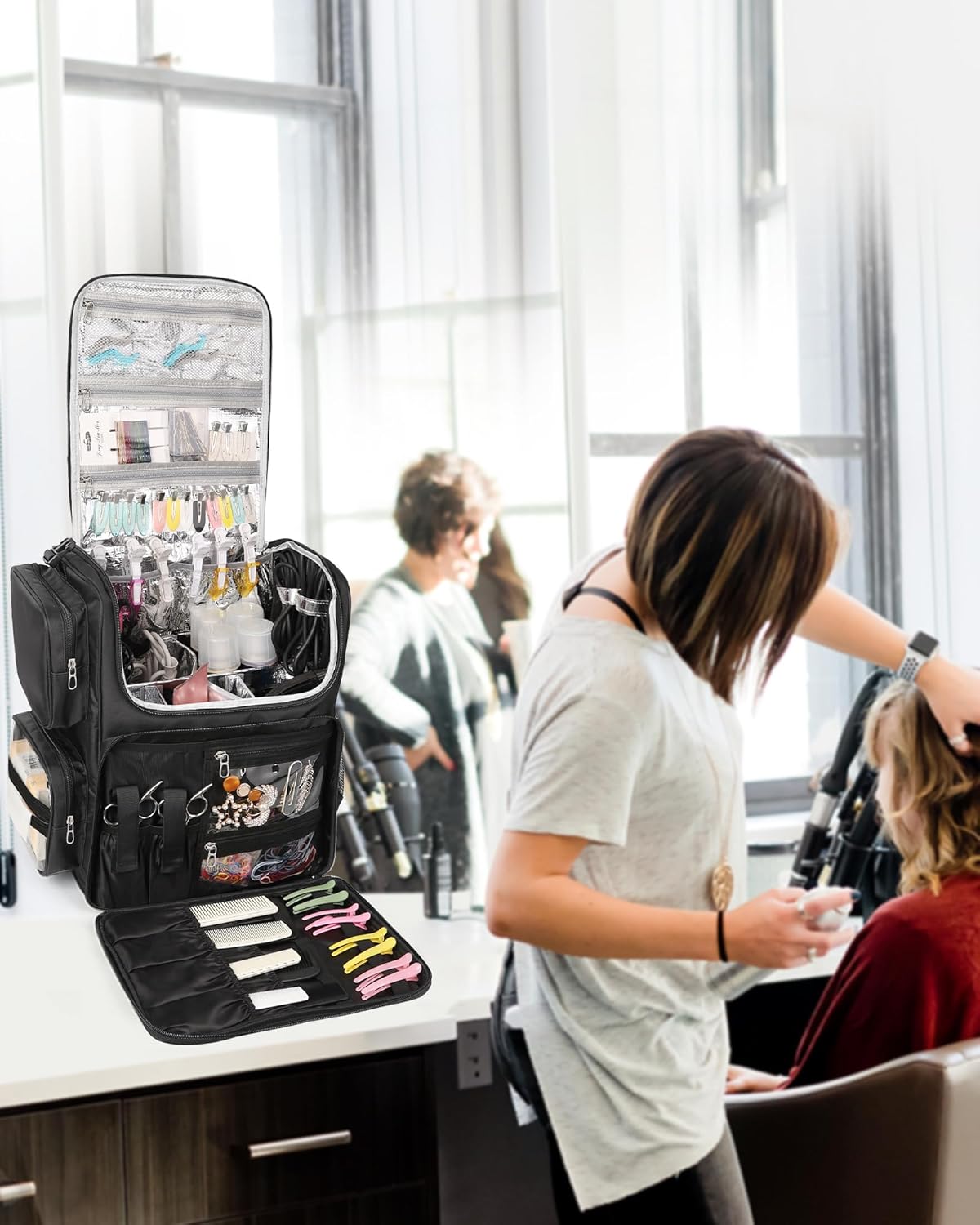 Hair Stylist Travel Makeup Backpack with Heat Insulation Full Layer