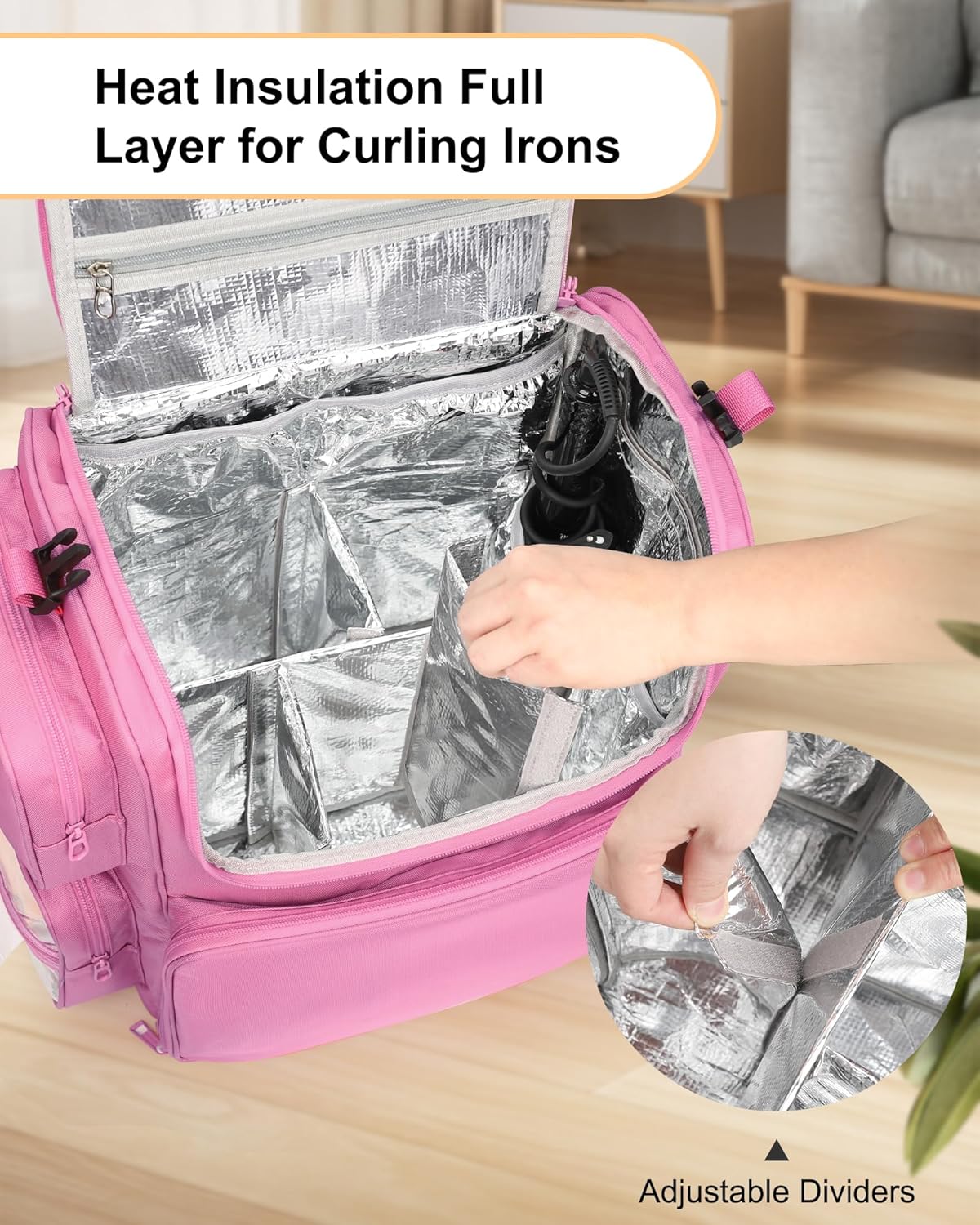 Hair Stylist Travel Makeup Backpack with Heat Insulation Full Layer, Rose Pink