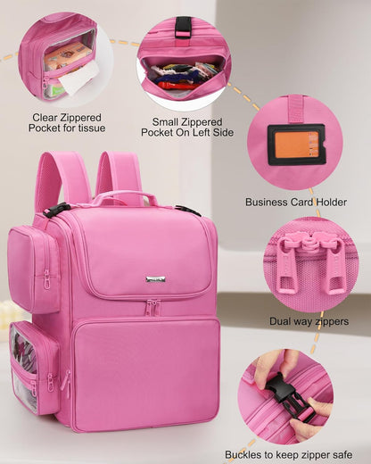 Hair Stylist Travel Makeup Backpack with Heat Insulation Full Layer, Rose Pink