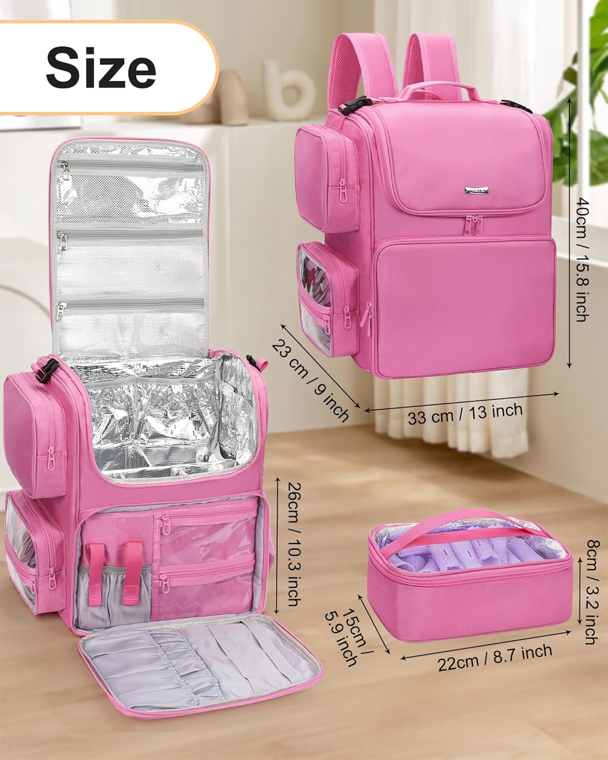 Hair Stylist Travel Makeup Backpack with Heat Insulation Full Layer, Rose Pink