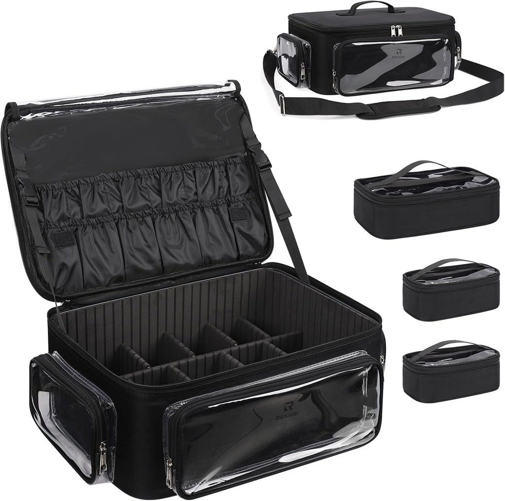 Large Makeup Case with Clear Pockets and 3 Clear Bags