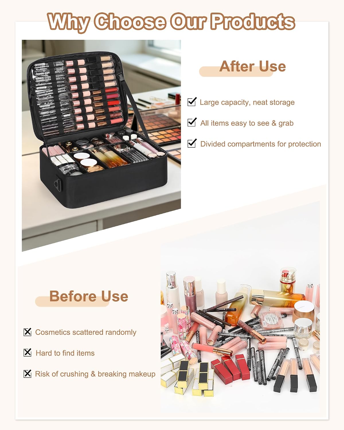 Large Travel Makeup Case with Plastic Dividers