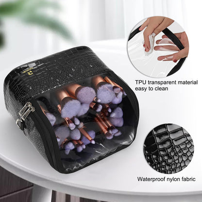 Makeup Brush Case with Shoulder Strap and Adjustable Divider (Black Crocodile pattern)