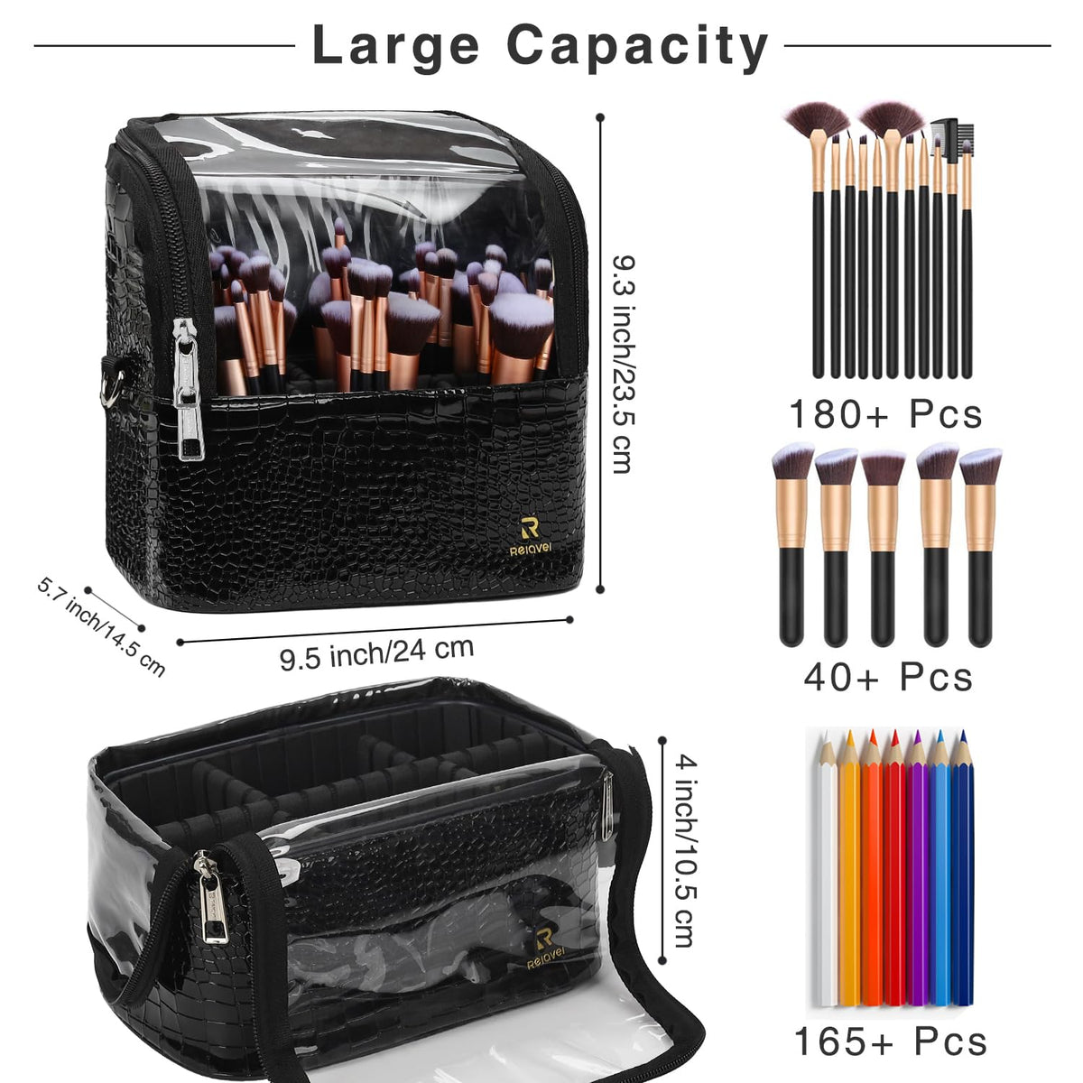 Makeup Brush Case with Shoulder Strap and Adjustable Divider (Black Crocodile pattern)