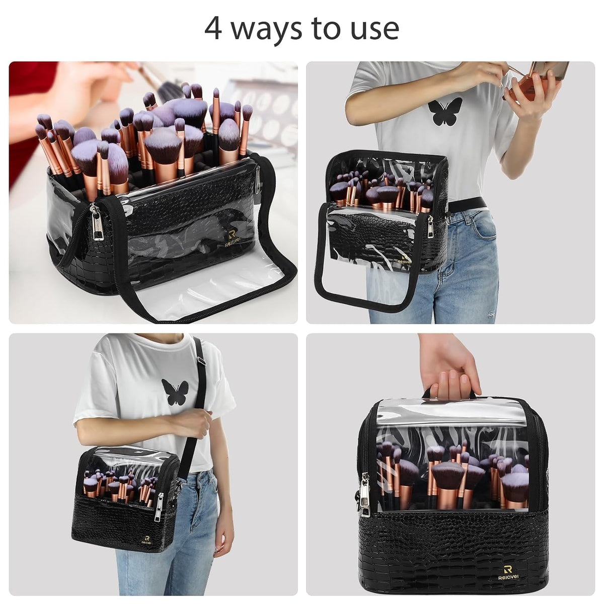 Makeup Brush Case with Shoulder Strap and Adjustable Divider (Black Crocodile pattern)