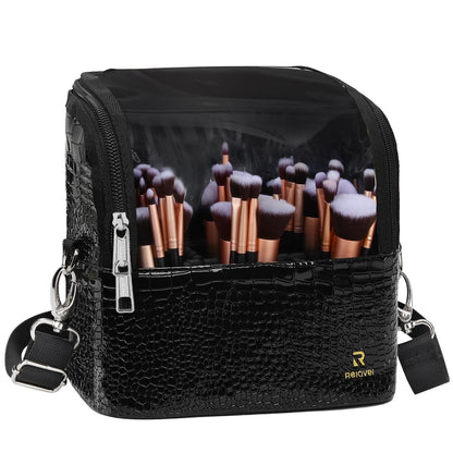 Makeup Brush Case with Shoulder Strap and Adjustable Divider (Black Crocodile pattern)