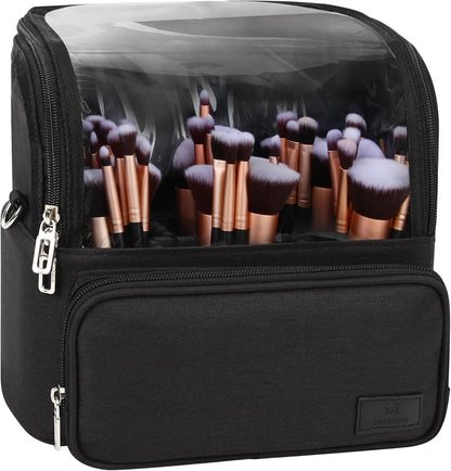 Makeup Brush Case with Shoulder Strap and Adjustable Divider (Extra Large Black)