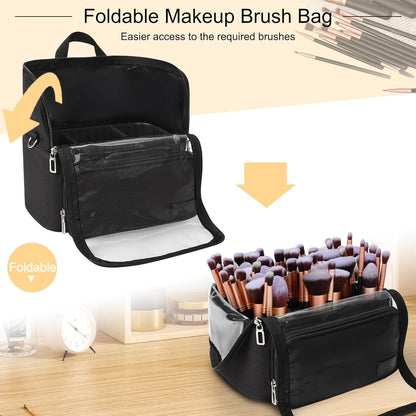 Makeup Brush Case with Shoulder Strap and Adjustable Divider (Extra Large Black)