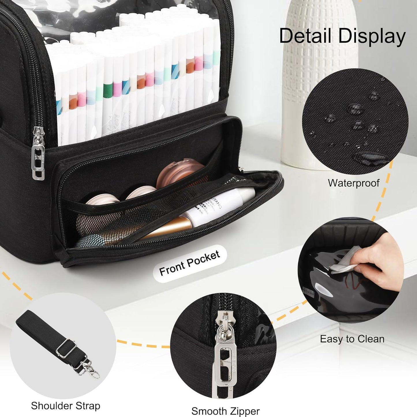 Makeup Brush Case with Shoulder Strap and Adjustable Divider (Extra Large Black)