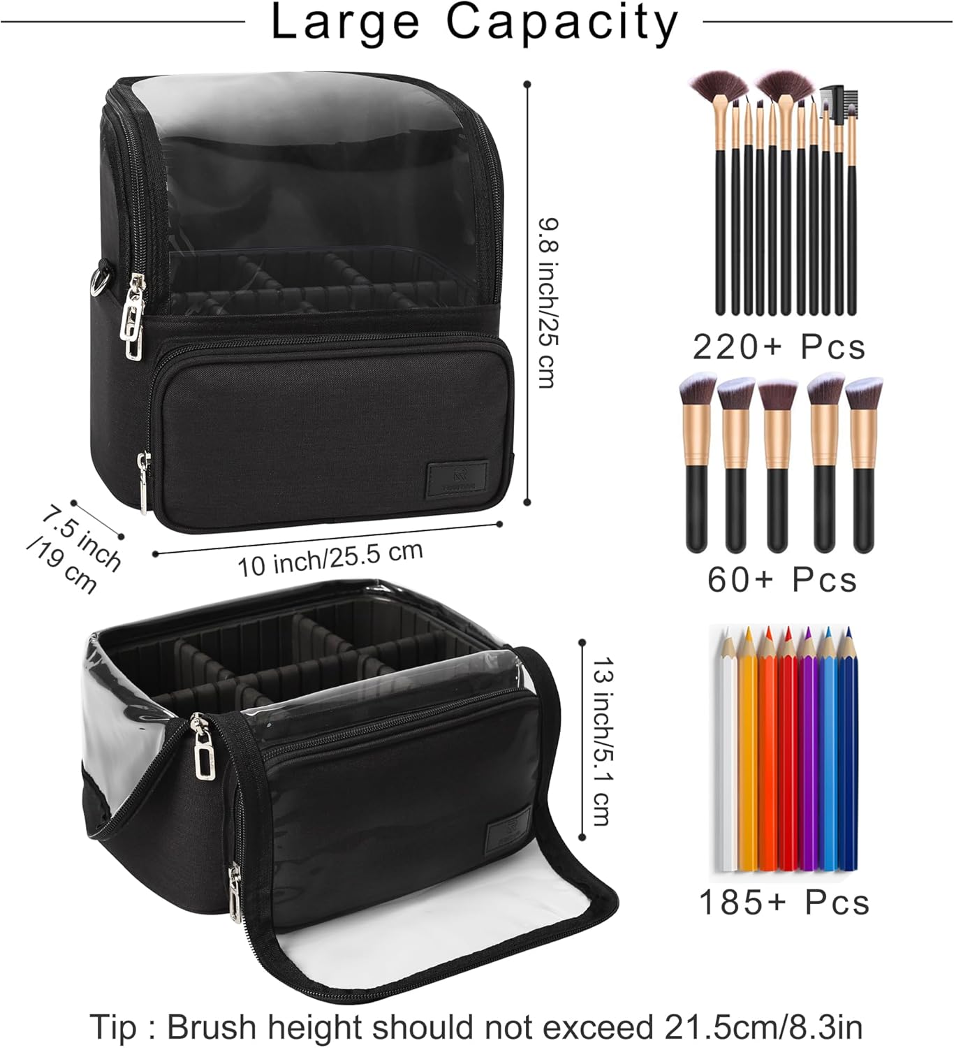 Makeup Brush Case with Shoulder Strap and Adjustable Divider (Extra Large Black)