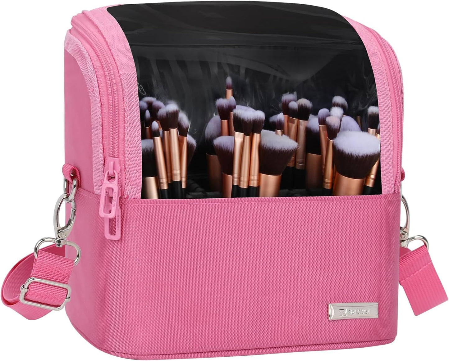 Available for sale in the United States only.Makeup Brush Case with Shoulder Strap and Adjustable Divider (Large Rose Pink)
