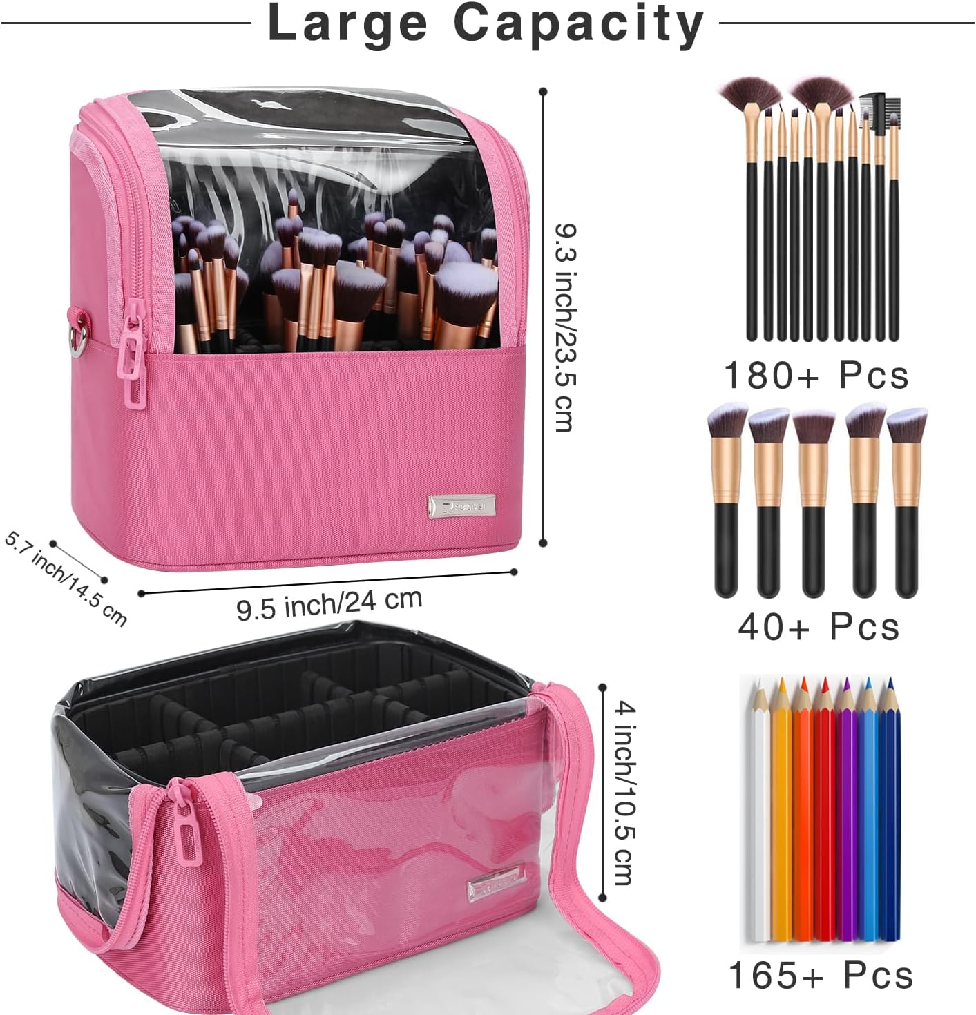 Available for sale in the United States only.Makeup Brush Case with Shoulder Strap and Adjustable Divider (Large Rose Pink)