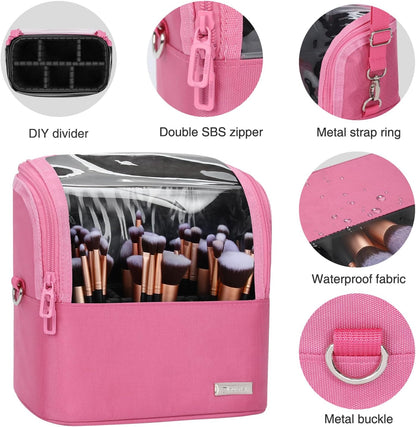 Available for sale in the United States only.Makeup Brush Case with Shoulder Strap and Adjustable Divider (Large Rose Pink)