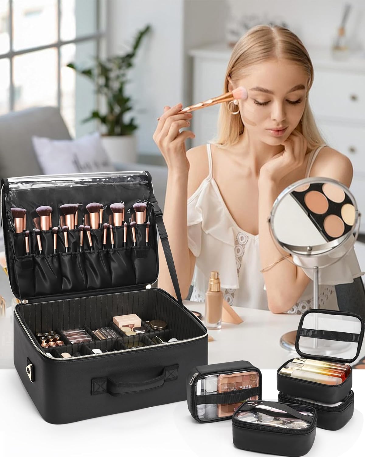 New Extra Large Makeup Case with 4 Clear Bags and Lipstick Plate