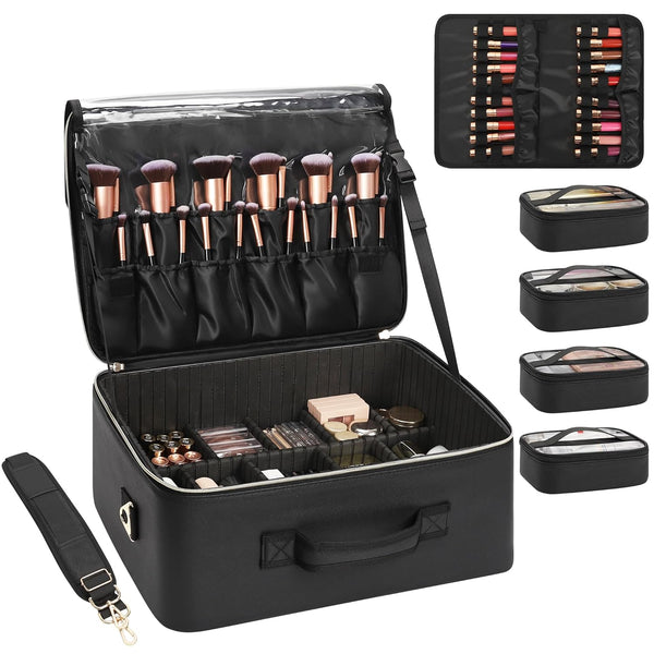New Extra Large Makeup Case with 4 Clear Bags and Lipstick Plate