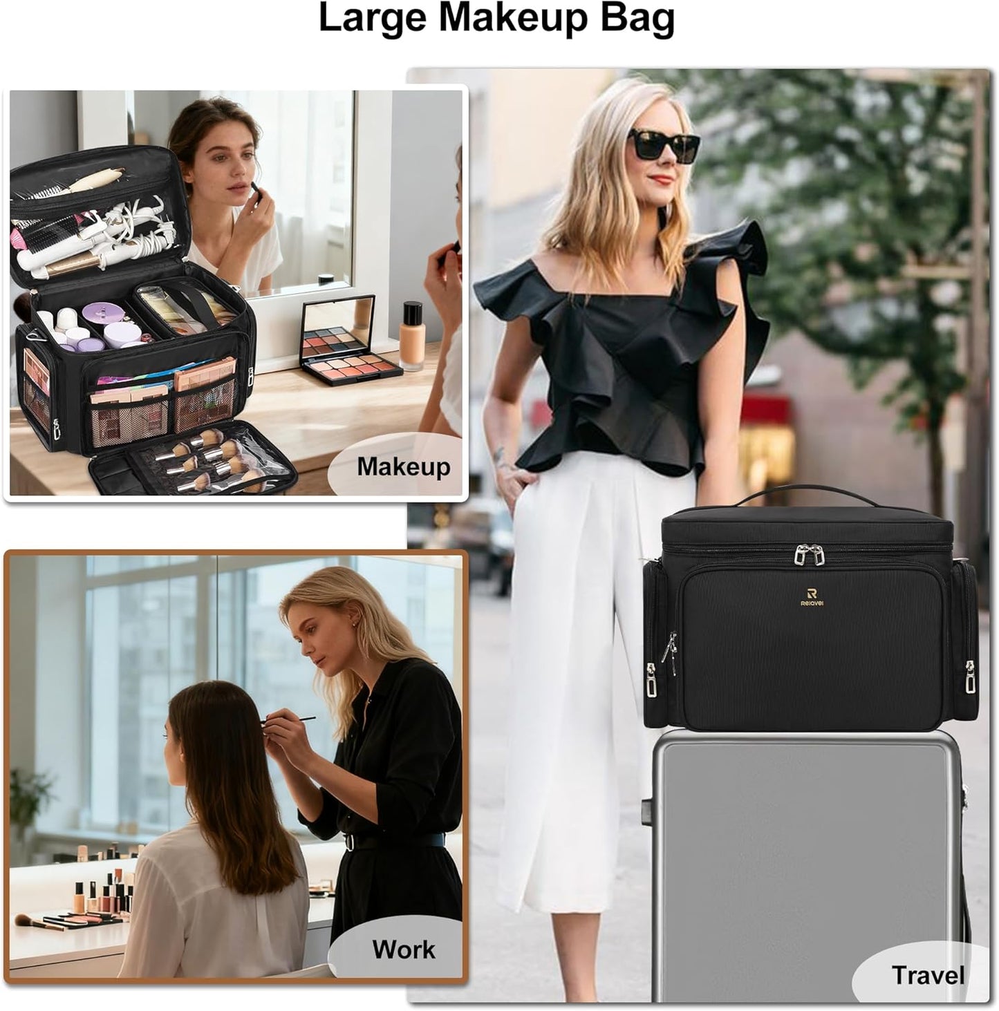 Available for sale in the United States only.Portable Large Makeup Organizer Bag with 2 Pouches & Detachable Dividers