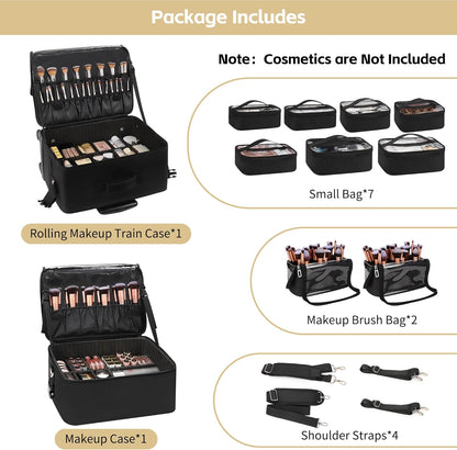 New 360° Rolling Extra Large 4 in 1 Makeup Case with 7 Small Bag