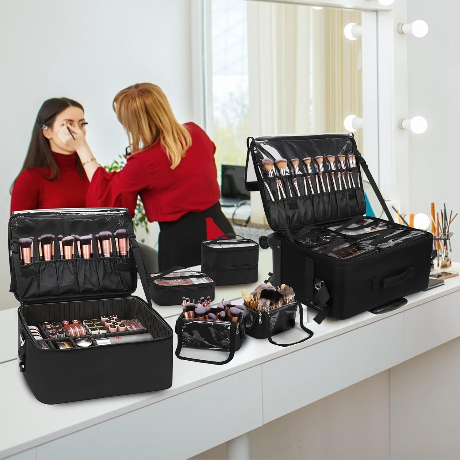 New 360° Rolling Extra Large 4 in 1 Makeup Case with 7 Small Bag