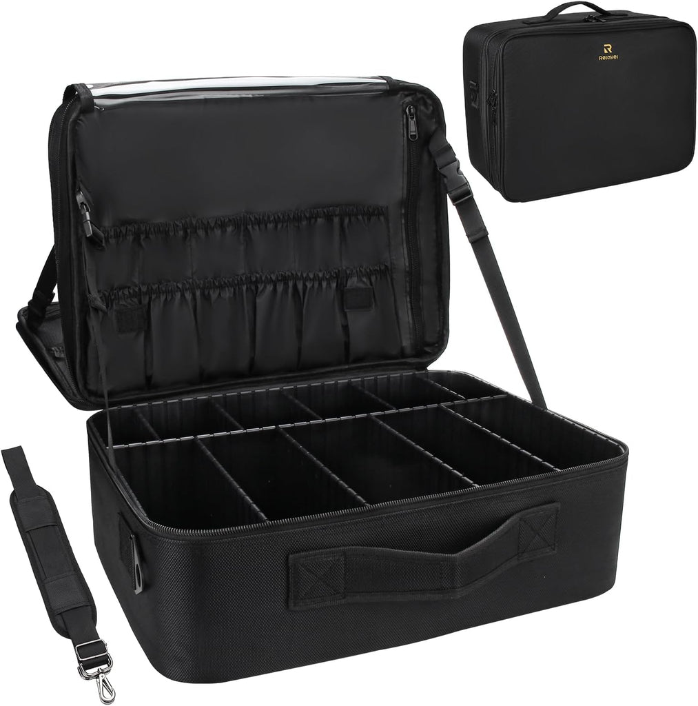 Relavel Extra Large Makeup Case with Plastic Dividers Washable and Easy to Clean, Travel Makeup Train Case Professional Makeup Artist Bag Portable Nail Organizer Box Art Supply Case (Black)