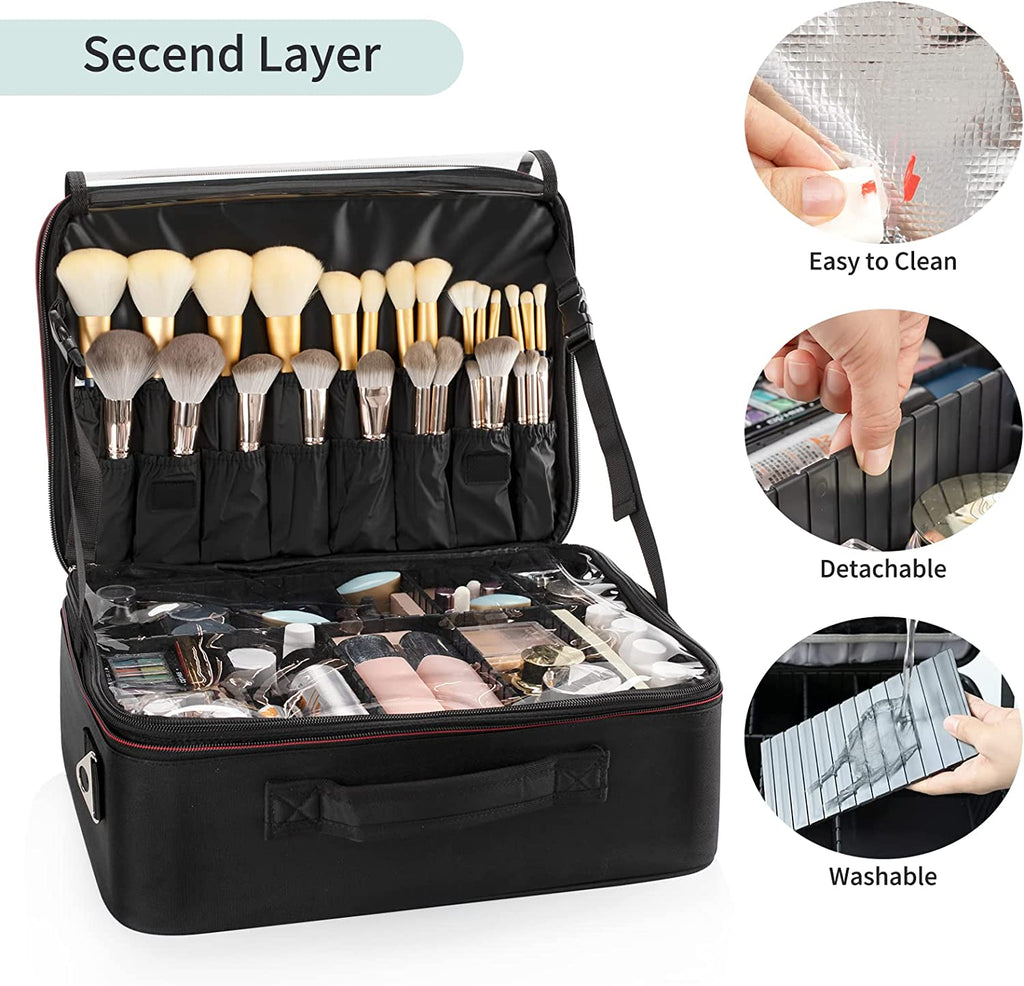 Makeup Brush Case with Shoulder Strap and Adjustable Divider