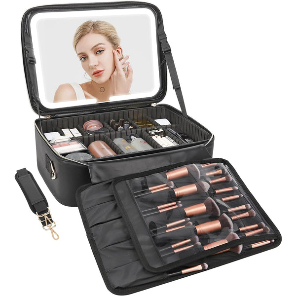 Relavel Makeup Bag with LED Mirror, 16.2 inches Large Makeup Case Travel Portable Cosmetic Organizer Vanity Case for Women, Rechargeable Lighted Mirror Professional Makeup Artists Storage Box (Black)