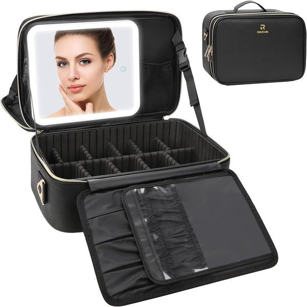 Relavel Makeup Bag with LED Mirror, Makeup Case with Lighted Mirror, Large Capacity Travel Cosmetic Train Case Organizer Box for Women, Dividers and Rechargeable Vanity Mirror with 3 Color Lights