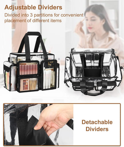 Relavel Clear Large Travel Makeup Shoulder Bag with Adjustable Dividers, Black