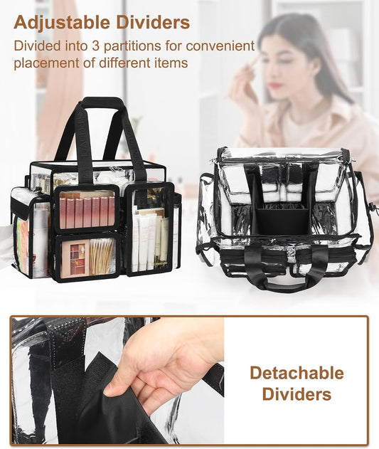 Relavel Clear Large Travel Makeup Shoulder Bag with Adjustable Dividers, Black