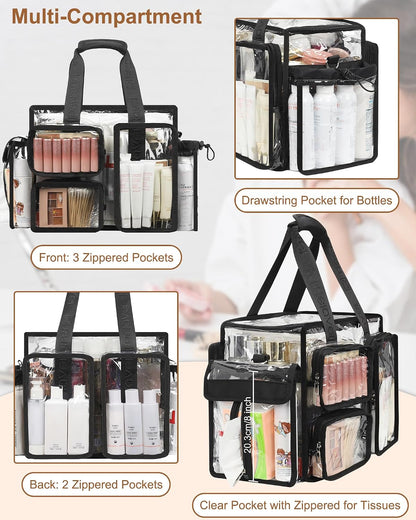 Relavel Clear Large Travel Makeup Shoulder Bag with Adjustable Dividers, Black