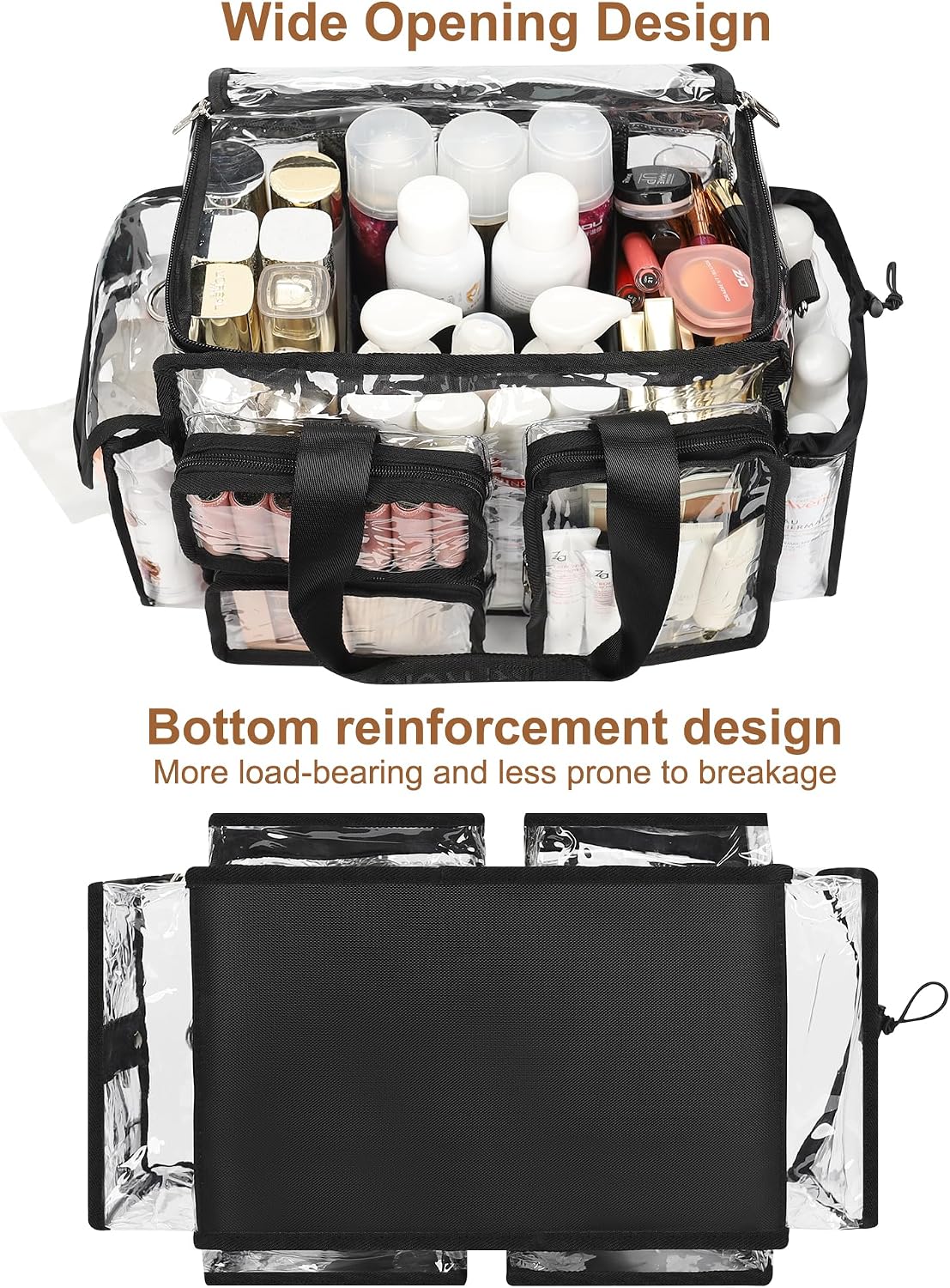 Relavel Clear Large Travel Makeup Shoulder Bag with Adjustable Dividers, Black