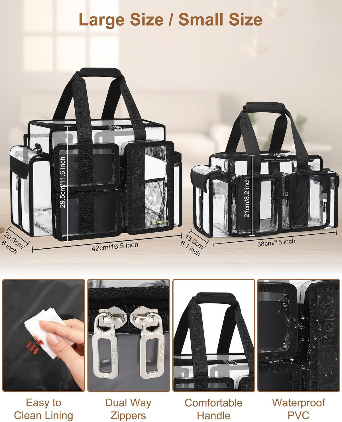 Relavel Clear Large Travel Makeup Shoulder Bag with Adjustable Dividers, Black