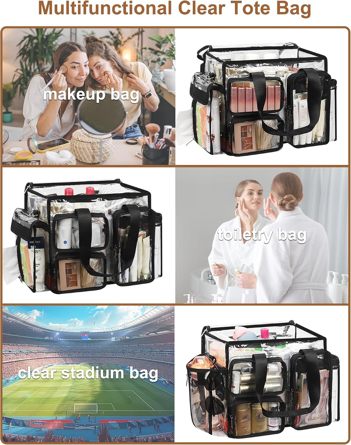 Relavel Clear Large Travel Makeup Shoulder Bag with Adjustable Dividers, Black