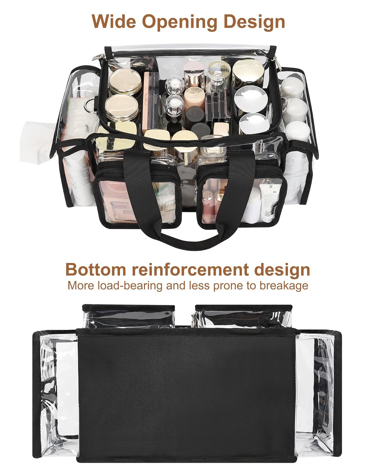 Relavel Clear Travel Makeup Shoulder Bag with Adjustable Dividers, Black