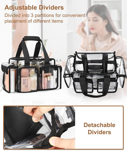 Relavel Clear Travel Makeup Shoulder Bag with Adjustable Dividers, Black